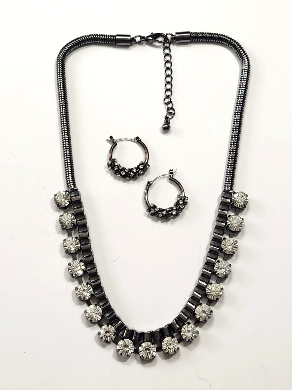 Chunky Gunmetal Clear Crystal Statement Bib Necklace & Hoop Earrings Set Gothic